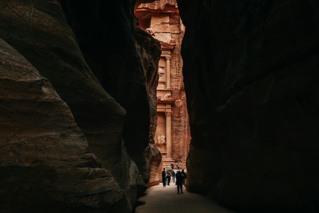 People Visiting Carved Temple, Petra, Jordan